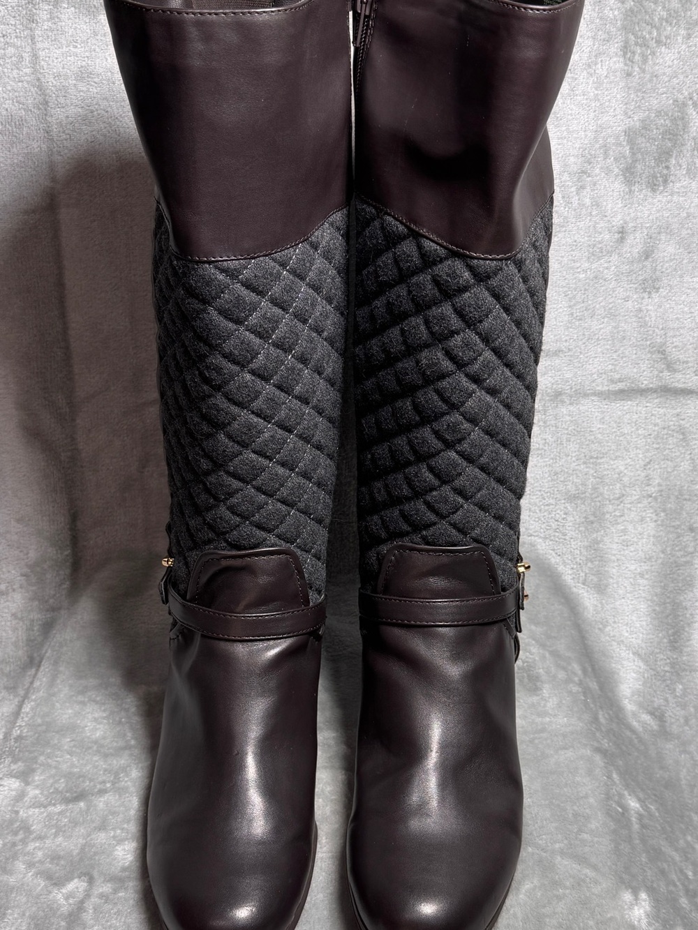 Women’s 11M Quilted Gray/Dark Brown Tall 14” Goring Riding Boots Gold Buckle